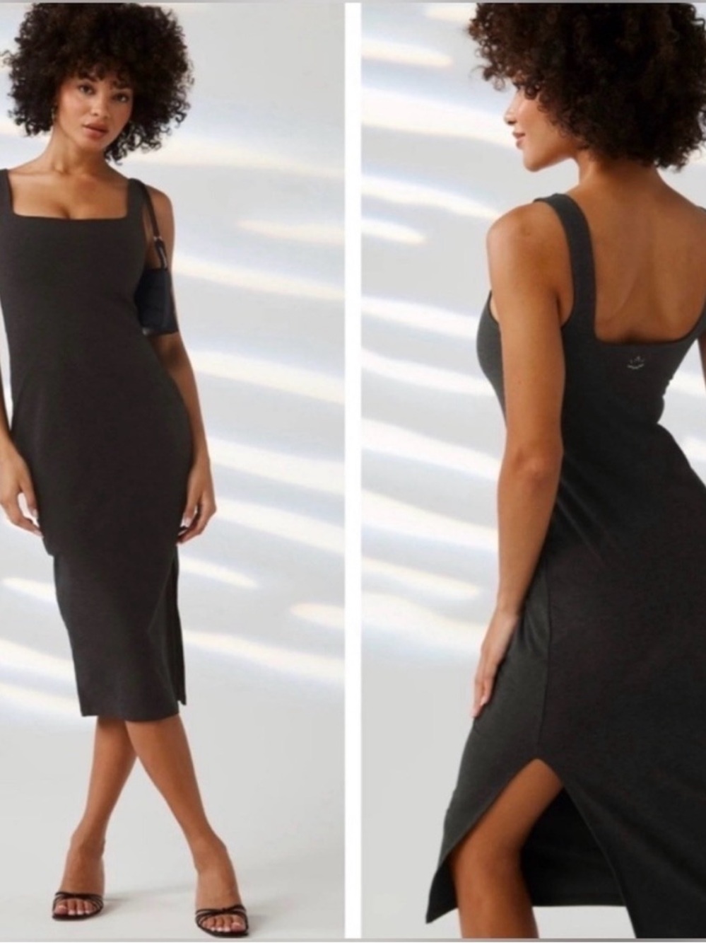 Beyond Yoga Spacedye Icon Midi Dress Charcoal Black Square-Neck with Side Slit